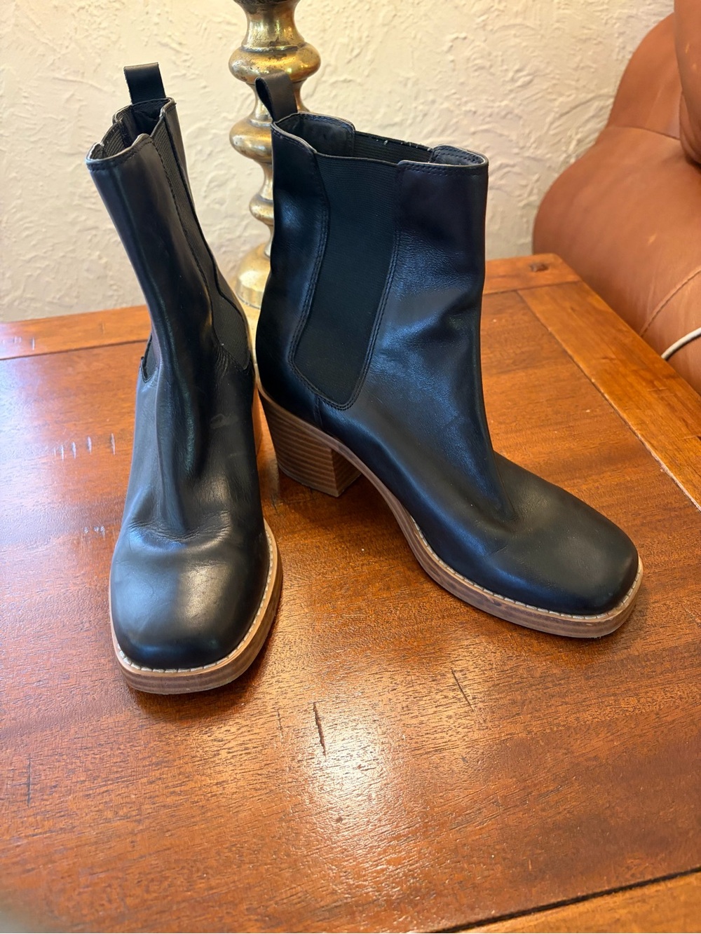 Marc Fisher Black Leather Chelsea Booties with Stacked Heel